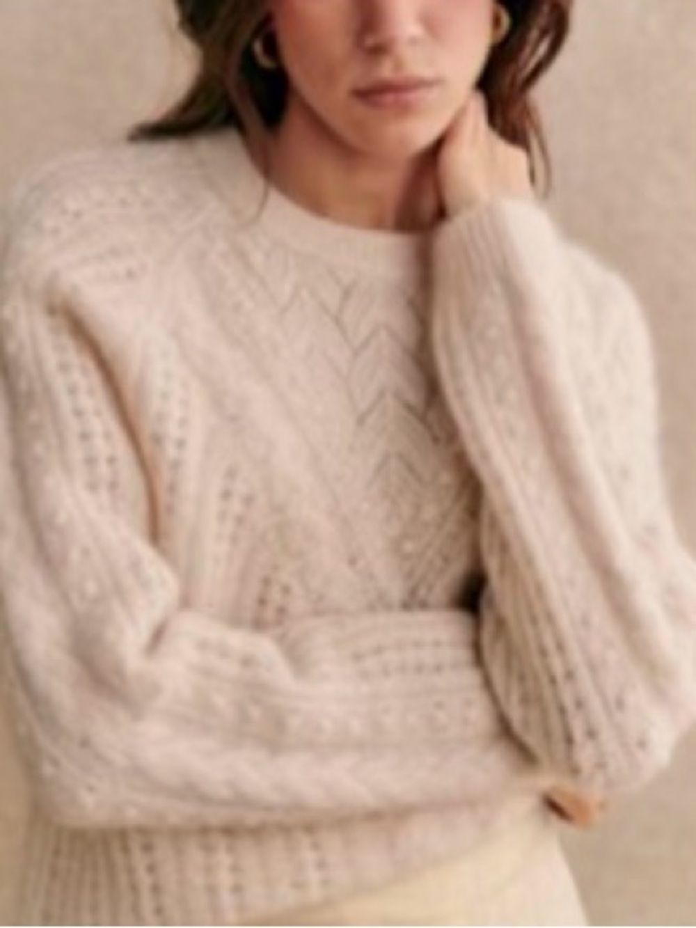 Sezane Cream Cable-Stitch Crewneck Sweater